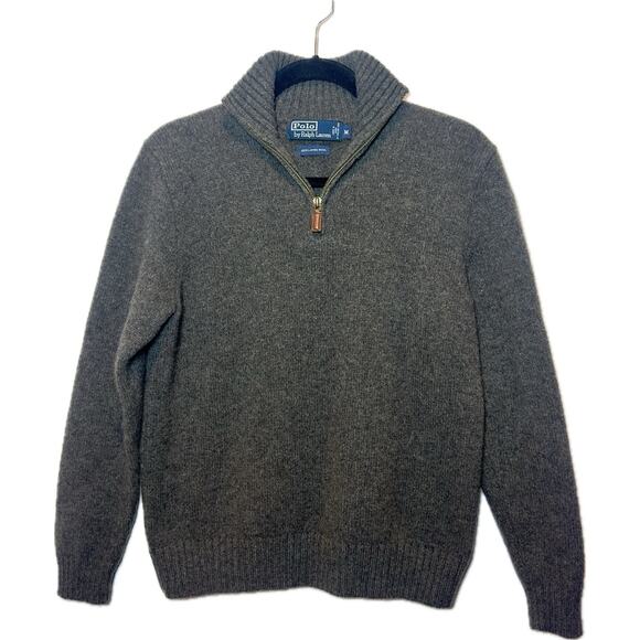 Polo By Ralph Lauren Quarter Zip Sweater Mens M Charcoal 100% Wool Classic - Picture 1 of 8